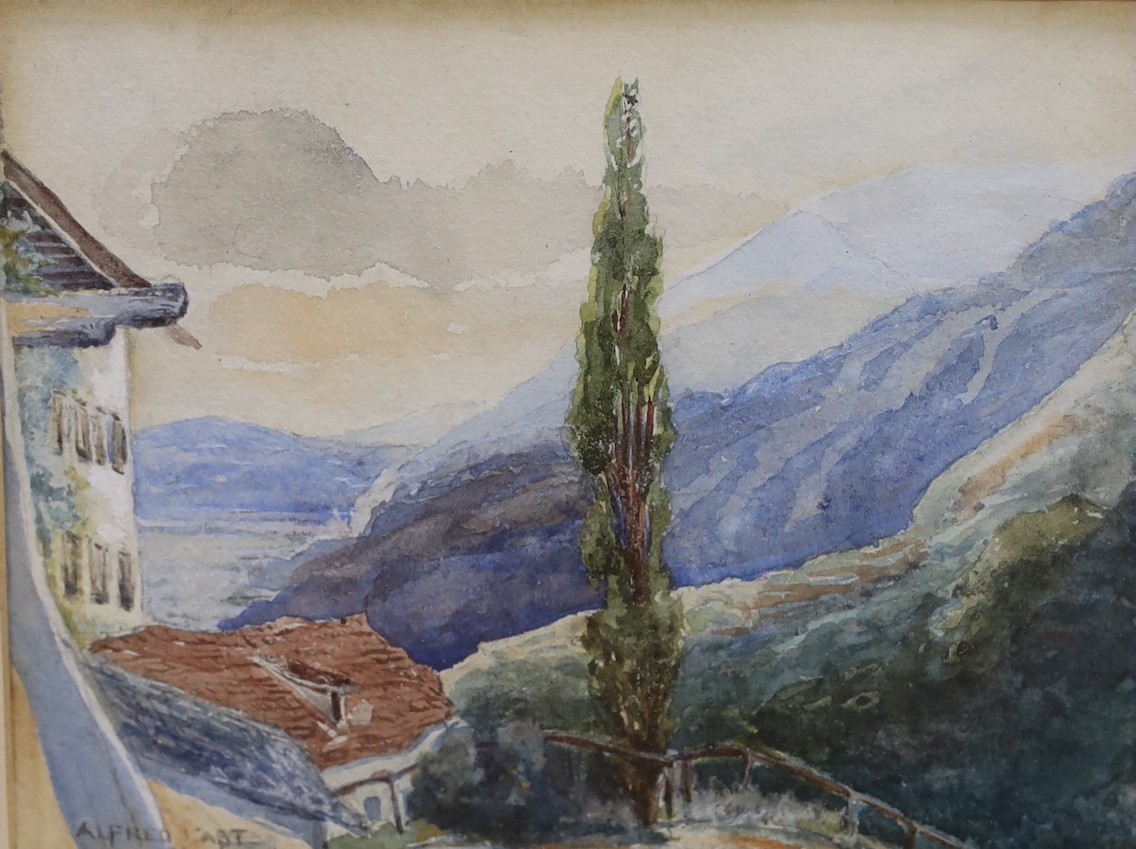 Sir Alfred East (1849-1913), two watercolours, Alpine scenes, both signed, one dated '96, 12 x 18cm and 12 x 17cm, with a small watercolour View of Sydenham, Kent, by another hand